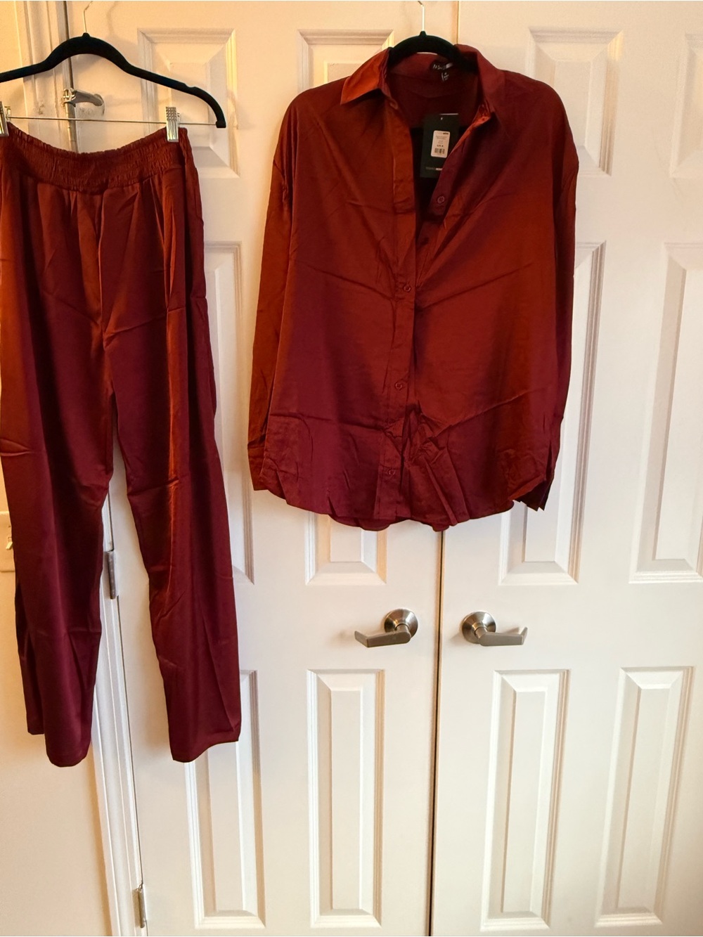 Fashion Nova Satin Two-Piece Set in Burgundy